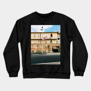 Yellow Residential Building in Italy With Drying Laundry on Washing Line Crewneck Sweatshirt